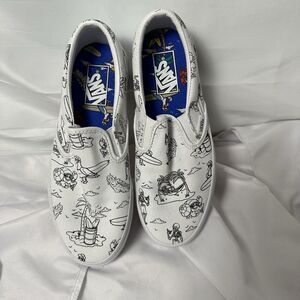 Vans Womens 7.5 Men 6 Shoes White Skeleton Surfboard  Sneaker Slip On Canvas